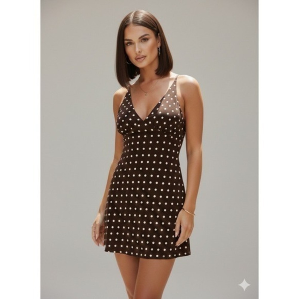 Princess Polly Brown Nellie Polka Dot V-Neck Empire Waist Mini Dress US 
4